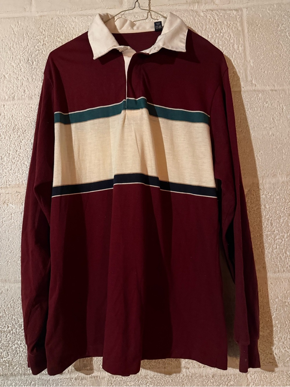 Vintage Burgundy Long-Sleeve Rugby Shirt with Cream Stripe